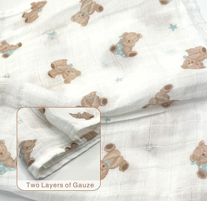 American Baby Company 2-Pack 100% Cotton Muslin Swaddle Blanket (47" x 47"), Soft, Breathable & Lightweight, Teddy Bear, Perfect for Swaddling, Travel and Gifting
