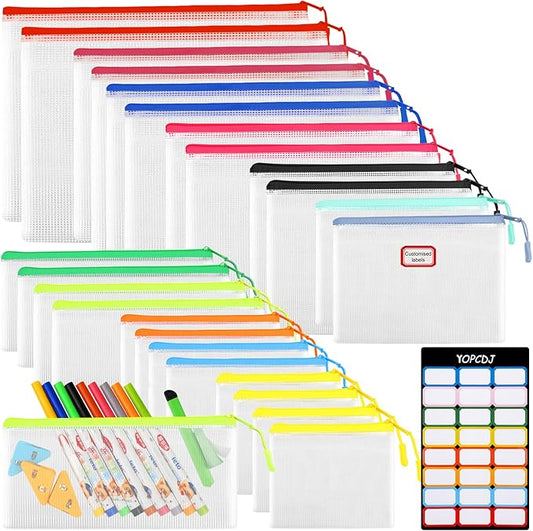 24pcs Mesh Zipper Pouch Bags A4 Zipper Bags for Classroom Organization, Waterproof Document Zipper Pouches for Cosmetics, Travel Storage File Bags for Office Supplie (Multicolored-8sizes 24PCS)