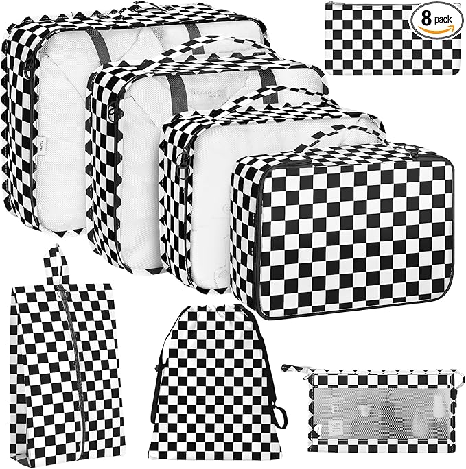 KPX 8 Set Packing Cubes for Travel, Luggage Packing Organizers Accessories Large Toiletries Bag for Clothes Shoes Cosmetics (8Set-Black Checkered)