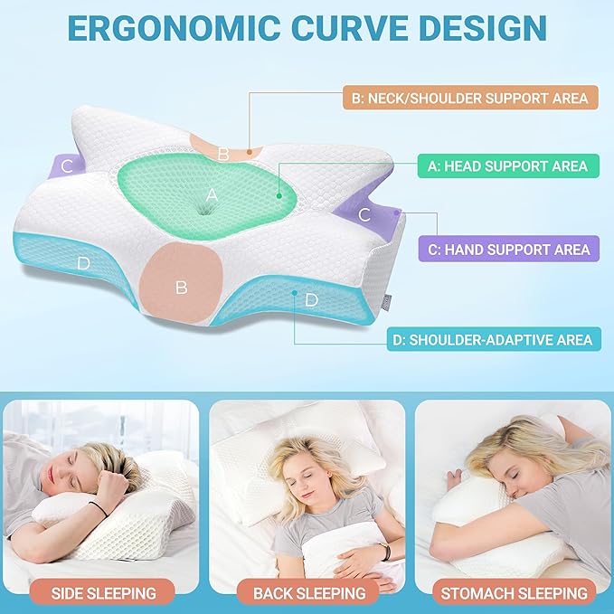 Elviros Cervical Memory Foam Pillow, 2 Pack Pillows for Neck and Shoulder Pain, Ergonomic Orthopedic Sleeping Neck Support Pillow for Side Sleepers, Stomach Sleepers (Blue)