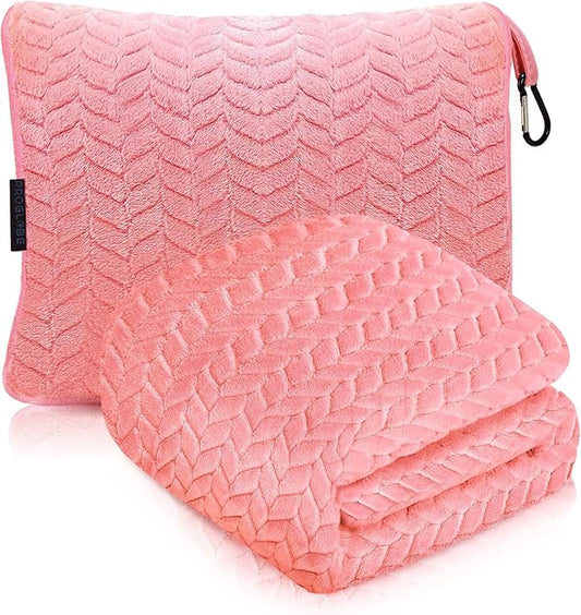 Proglobe Premium Travel Blanket and Pillow - XL 42" x 68" - Ultra Soft Lightweight Compact Blanket for Airplane, Car, Bus, Travel - Portable Cozy Fleece for Men, Women, and Kids - Pink