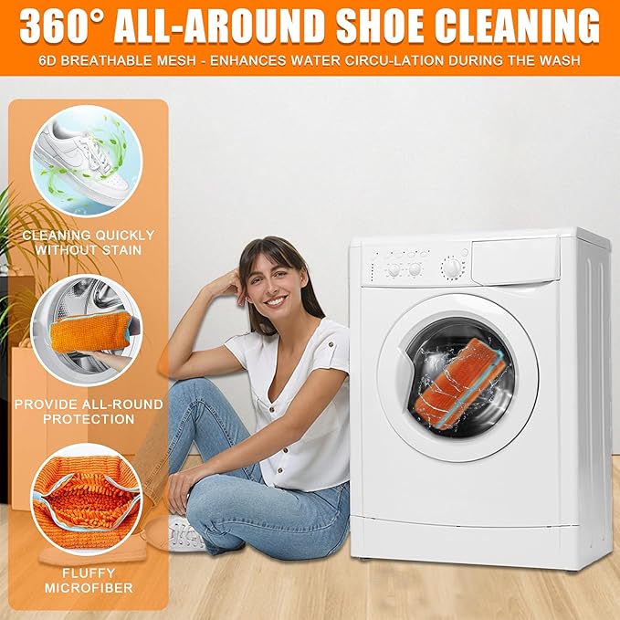 Shoe Washing Machine Bag, 2 Pack – Reusable, Fits All Shoe Types, 360° Deep Cleaning with Self-Locking Zipper, Wash Two Pairs at Once, Protects Shoes and Washing Machines(Orange)