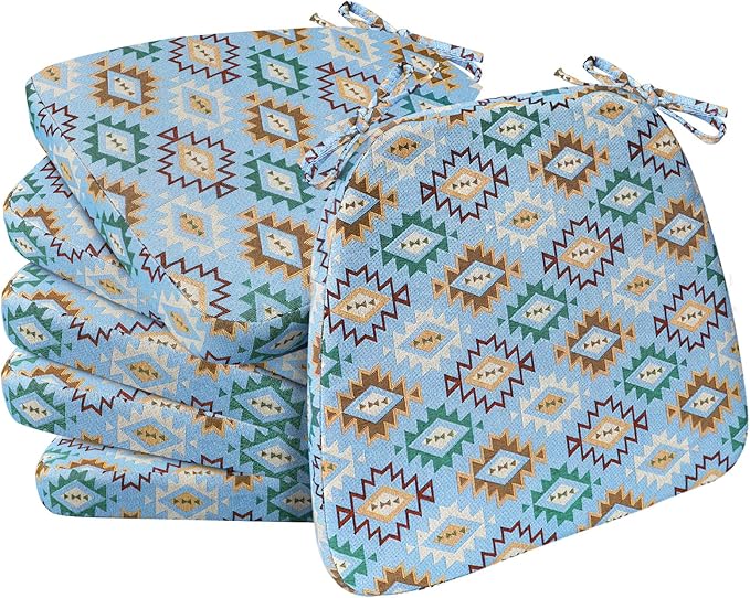 AAAAAcessories D-Shaped Chair Cushions, 2" Thick Dining Chair Pads with Ties and Removable, Machine-Washable Cover, 17" x 16", Set of 6, Geometric Blue