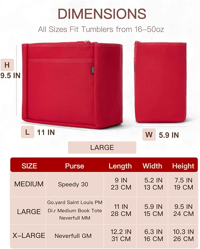 TOVICE Tote Bag Organizer Insert with Stanley Cup Holder and Zipper Bag, Compatible with Neverfull, Saint Louis and More, 9 Pockets (Red, Large)