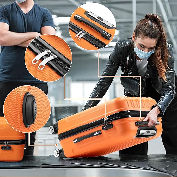Karl home Luggage Set of 3 Hardside Carry on Suitcase Sets with Spinner Wheels & TSA lock, Portable Lightweight ABS Luggages for Travel, Business - Orange (20/24/28)