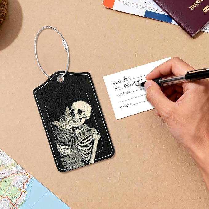 2 Pack PU Leather Luggage Tags for Suitcases, Privacy Protection Cover with Stainless Steel Loop and Address Card, Travel Cruise Essentials (Cat Skull)
