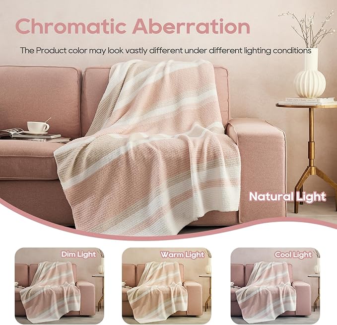 Throw Blanket, Soft Cozy Fluffy Striped Throw Blankets for Couch, Sofa, Bed, Chair, Warm Fuzzy Plush Lightweight Decorative Stripe Blanket, Pink Khaki, 50x60 inches