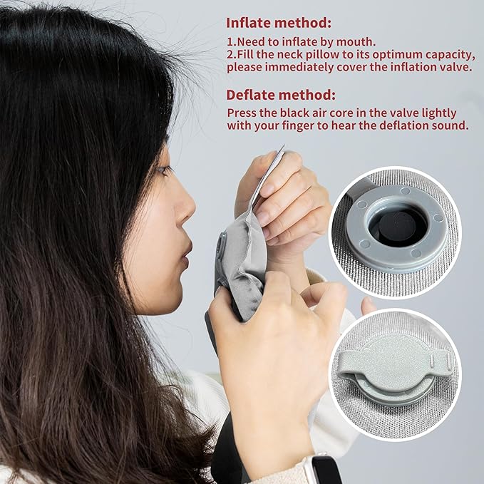 Inflatable Neck Pillow, Travel Pillow for Airplane, Traveling, Office, and Car, Chin Support Neck Relief - Airplane Travel Essentials(Gray)