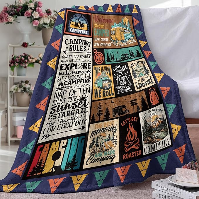 Camping Gifts for Men Women Flannel Throw Blanket, Birthday Ideas for Camper, Vintage Present for Camping Lover RV Owner, Campsite Outdoor Travel Hiking Bed Sofa Blankets 50"x60"