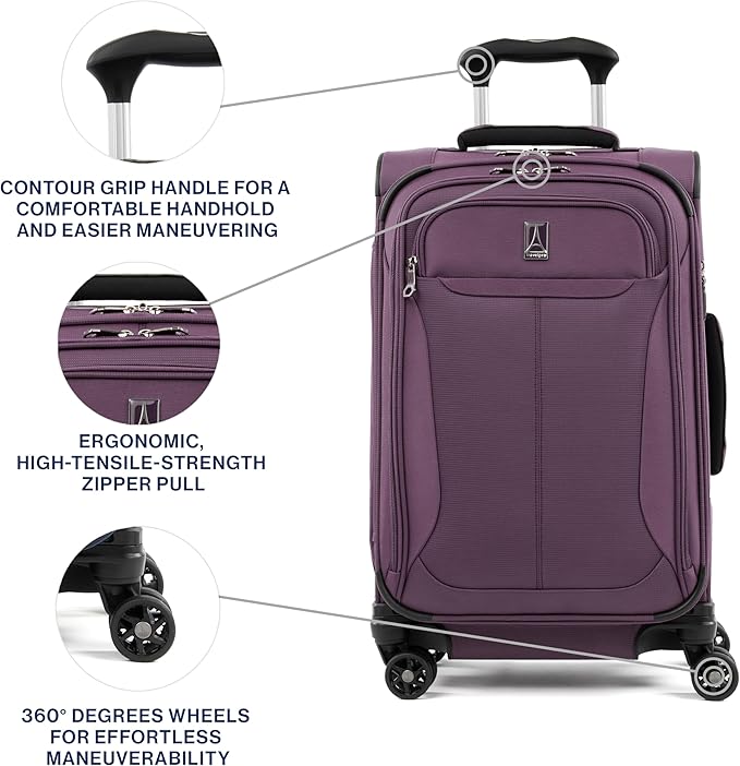 Travelpro Tourlite Softside 21" Expandable Luggage with 4 Spinner Wheels, Lightweight Suitcase, Carry-On, Deep Purple