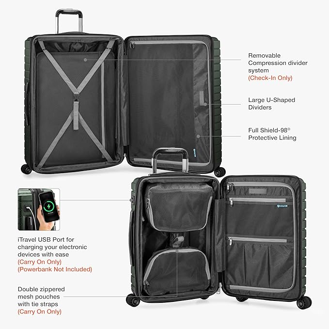 Traveler's Choice Archer Polycarbonate Hardside Spinner Luggage Set, Tie Down Straps, Green, Carry-On 21-Inch