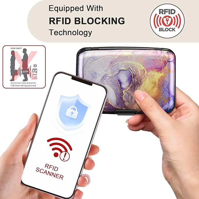 ELFISH Mini RFID Aluminum Wallet Credit Cards Holder Business Card Case Metal ID Case for Men Women（Light Purple Marble