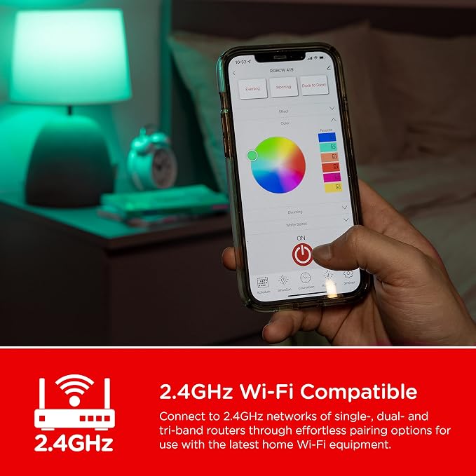 UltraPro Wi-Fi LED Smart Light Bulb, A19, 60W Equivalent, RGB, Color Changing, White Select Tunable 2700K - 6500K, Dimmable, 2.4GHz Router Required, Circadian Rhythm, Easy-to-Use App, 4 Pack, 51454