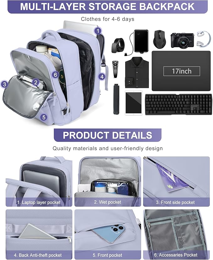 VGCUB Vacuum Backpack Travel with Pump Vacpack System Storage Compression Carry on Work Laptop Waterproof College Bags Casual Daypack Backpacks for Women Men with USB Port Expandable Purple Taro