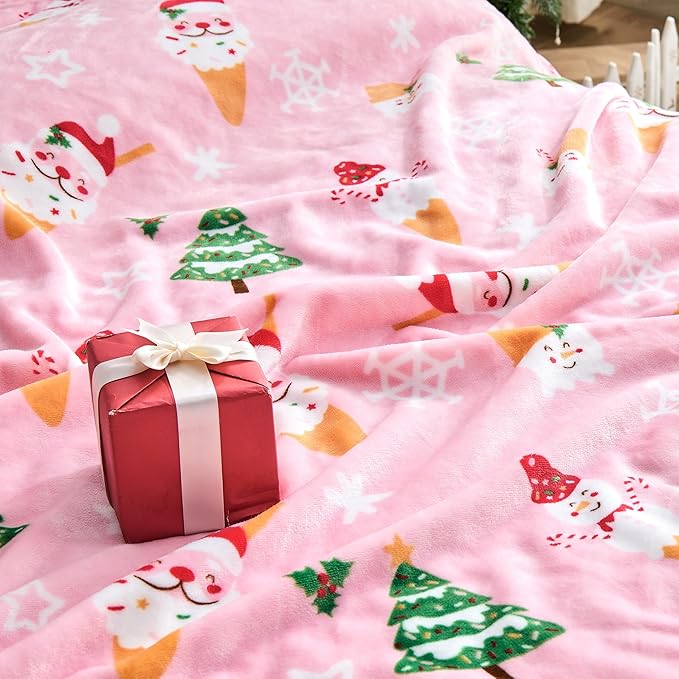 Christmas Blanket Soft Cozy Pink Throws with Snowman Snowflake Santa Claus and Xmas Trees Print, Fuzzy Warm Christmas Throw Blanket for Couch Bed Holiday Decorations Gifts 50"x60" (Pink)