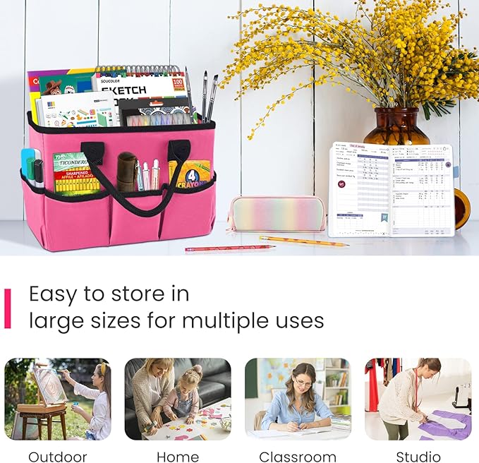 Godery Desktop Tote and Organizer, Teacher Helper Caddy Bag for Arts, Books, Stationery, Office Desk Organization, Make-up Storage with Handles for Travel, Pink