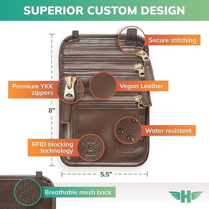 HERO Neck Wallet - RFID Blocking Passport Holder, Easy to Conceal Travel Puch (Vegan Leather Brown)