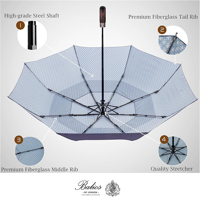 Balios Travel Folding Umbrella with Real Wood Handle Auto Open Close Vented Windproof Canopy - Designed in UK