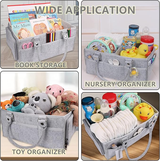 XUANGUO Baby Diaper Caddy Organizer with Handle - Gender Neutral Nursery Storage Bin Basket - Portable Tote Bag - Car Organizer - Newborn Essentials - Grey