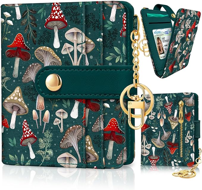 Jogjam Mushroom Green Rfid Ladies Wallet, Small Slim Thin Compact Credit Card Women Wallet, PU Leather Bifold Cash Zipper Coin Pocket ID Window for Female