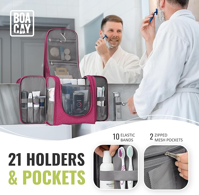 BOACAY Extra Large Hanging Travel Toiletry Bag for Women and Men, Makeup Bag, Bathroom & Shower Organizer Kit for Accessories, Cosmetics, Essentials
