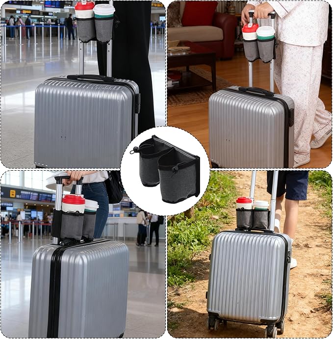 Luggage Cup Holder for Suitcase Foldable Beverage Carrier for Coffee Bottles Snacks, Suitcase Cup Holder Carrier for 2 Drinks Travel Universal Gray Airplane Drink Holders for Business Travelers