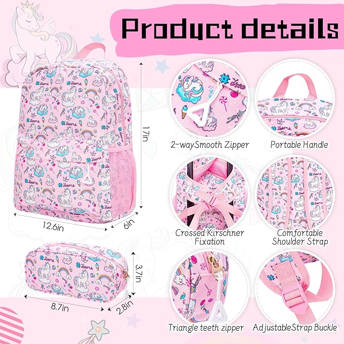 Redbaker 17 Inch 6 Pcs Kids Luggage Set Kids Rolling Luggage Double Pattern Suitcase for Boys Girls (Soft Pink, Unicorn)
