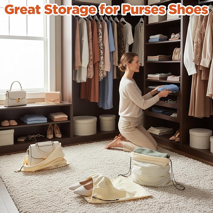 3 PCS Shoe Bags for Travel, Travel Shoe Bag with Drawstring, 15 x 19 in Flannel Shoes Dust Bags, Washable Dust Cover for Sneakers, Boots & Dress Shoes, Beige