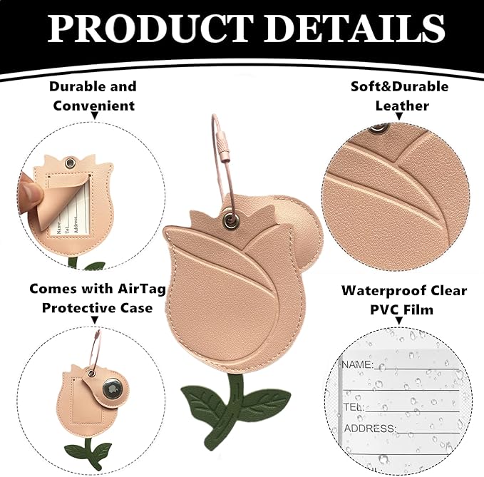 Cute Leather Luggage Tag Holder with Airtag Case Set,Hidden Compartment for AirTag Travel Suitcase Tracking Case with Stainless Steel Loop,Name ID Label(Pink Roser)