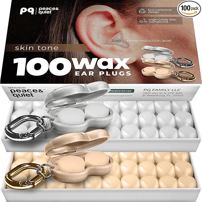 Peace&Quiet PQ 100 Wax Ear Plugs for Sleeping - Silicone Wax Earplugs for Sleeping and Swimming, Gel Ear Plugs Noise Cancelling, Sleeping Earplugs, Sound Blocking 32 Db (100 Pillows), White/Beige