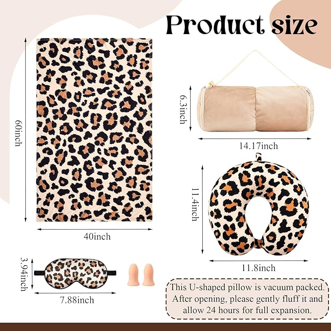 5 Pcs Travel Pillow and Blanket Set, 5 in 1 Travel Airplane Compact Includes 40 x 60 Inch Throw Blanket Eye Mask Neck Pillow Earplug and Bag Gifts for Travelers Women(Leopard Print,Brown)
