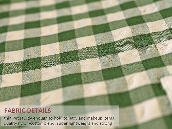 HAPPYHEIDI Large Cute Green Checker Makeup Bag with Compartment Cosmetic Travel Pouch, Nylon Fabric, Purse Organizer, Canvas Lined, Beige Plaid