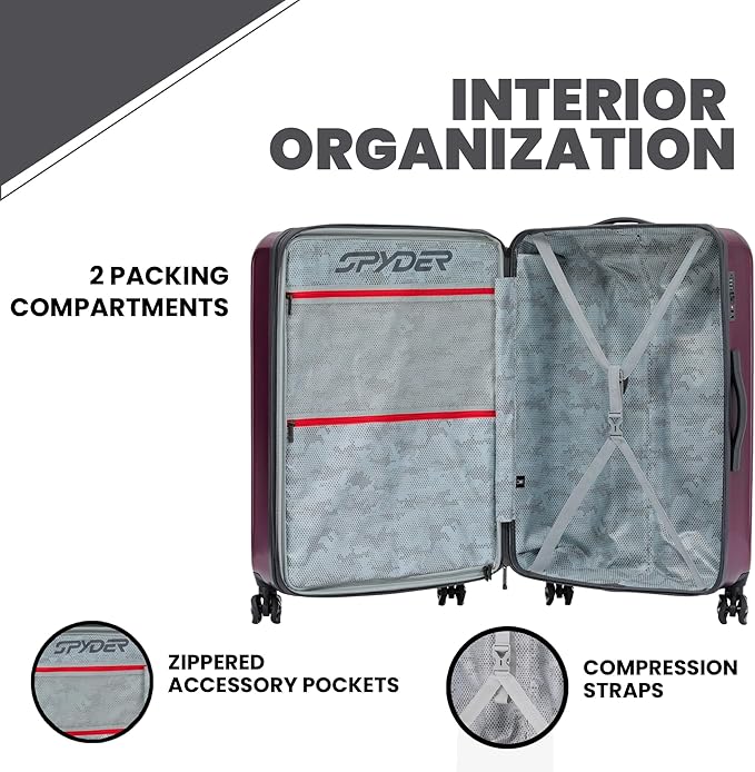 Spyder Rails 25 Inch Expandable Hardside Checked Suitcase with 360° Spinner Wheels, TSA Approved Lock