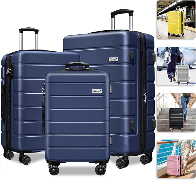 Explorer Lightweight Hardshell 20% Expandable 3-Piece Luggage Set with TSA Lock, Double Spinner Wheels, and Carry-On Suitcase,Navy Blue