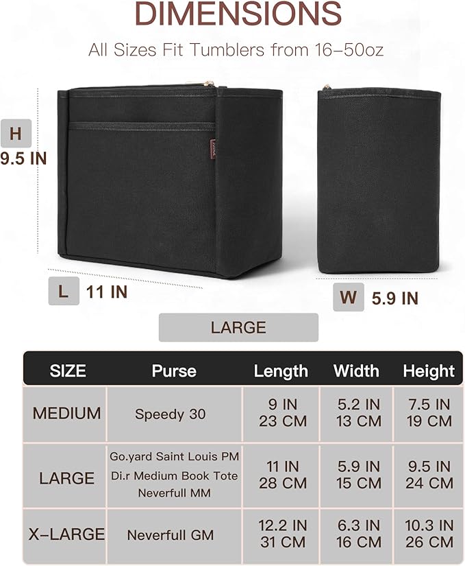 TOVICE Tote Bag Organizer Insert with Stanley Cup Holder and Zipper Bag, Compatible with Neverfull, Saint Louis and More, 9 Pockets (Black, Large)