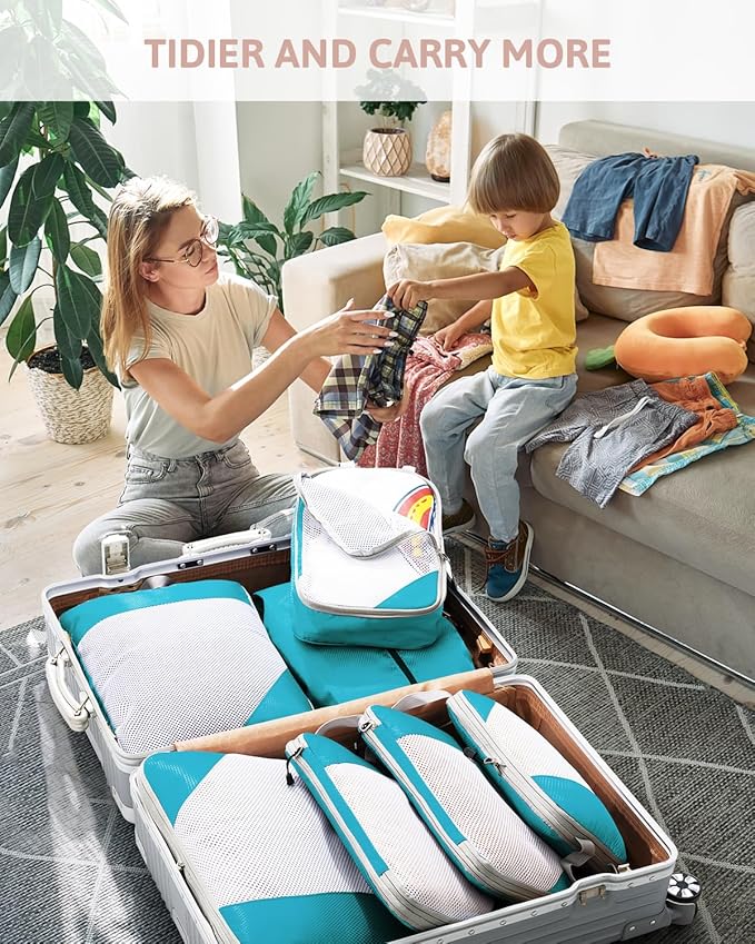 Meowoo 7 Set Compression Packing Cubes for Travel, Durable Ripstop Mesh Suitcase Organizer with Shoe Bag, Ultralight & Expandable Space Saver Travel Cubes