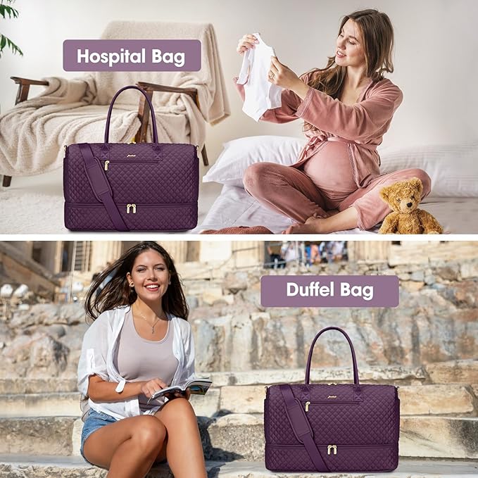 Travel Weekender Duffle Bags for Women - Large Carry On Bag with Shoe Compartment Overnight Bag with Toiletry Bag Duffel Bags with Wet Pocket for Gym Hospital Bags for Labor and Delivery Dark Purple