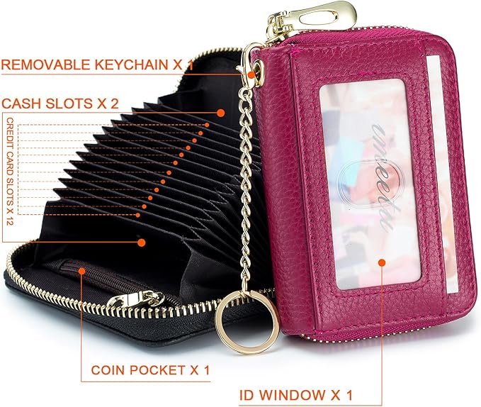 imeetu RFID Credit Card Holder, Small Leather Zipper Card Case Wallet for Women