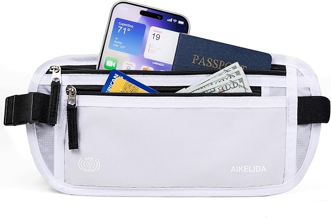RFID Blocking Money Belt - Passport Holder & Travel Wallet, Slim Hidden Fanny Packs for Women Men - White