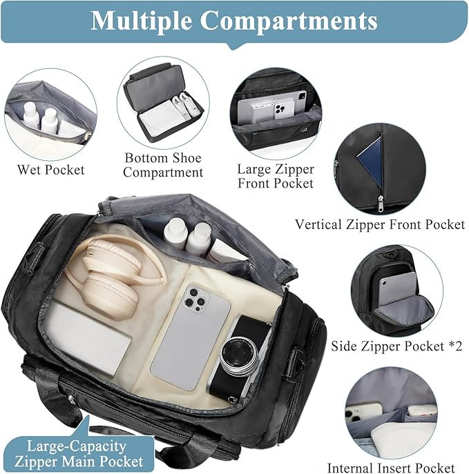 Travel Duffle Bag, Weekender Bags for Women,Overnight Weekend Carry On Personal Item Travel Bag with Shoes Compartment & Toiletry Bag,Black