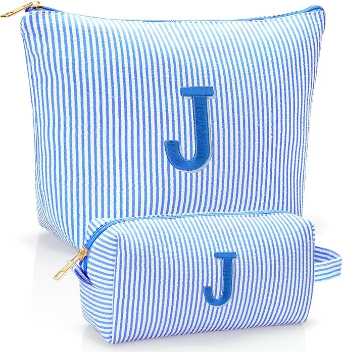 Personalized Initial Makeup Bag,Toiletry Travel Cosmetic Bag,Trendy Stuff for Teen Girls and Women,Holiday & Birthday Gift,2 Pack (J, Blue)