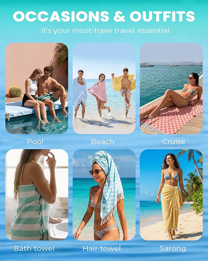 4 Packs Turkish Beach Towels Vacation Essentials Quick Dry Sand Free Oversized Bath Pool Swim Towel Extra Large XL Blanket Adult Travel Cruise Accessories Must Haves Clearance Stuff Necessities