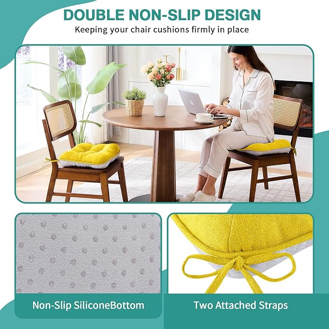 BETU Chair Cushions for Dining Chairs Set of 6,3.5" Thick Kitchen Table Chair Pads with Ties,Non Slip Backing and Covers, Seat Cushion for Dining Room,Bar,Patio Chairs,16"X16"X3.5",Gold