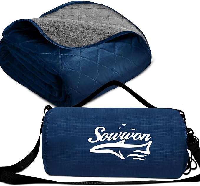 Waterproof Outdoor Blanket 82”X 55” Packable, Stadium Blankets for Camping with Quilted Fleece Lining, Large Windproof Emergency Throw for Garss Picnic Hiking Road Trip, Machine Washable, Navy 300GSM