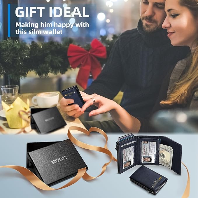 miyozi Wallet for Men,with Cash Pocket 2 ID Window 9-13 Cards,Metal Case Smart Slim Pop Up Credit Card Holder Flip with Magnetic Closure RFID Blocking Trifold wallet with Gift Box