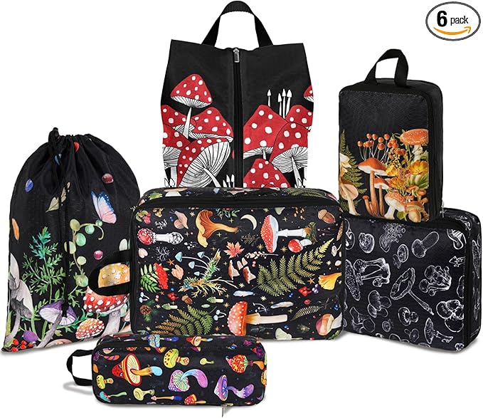 6 Pcs Compression Packing Cubes Waterproof Suitcase Travel Bag Luggage Backpack Organizer Travel Cubes for Packing-Black Mushroom