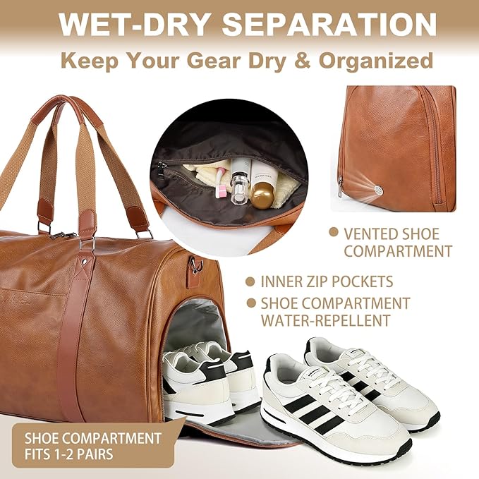 Large 3-in-1 Leather Duffle Bag for Travel Weekender Overnight Hospital Gym Bag for Men & Women, Carry On Airline Approved Personal Item Duffel Garment Bag Luggage with Shoe Compartment & Toiletry Bag