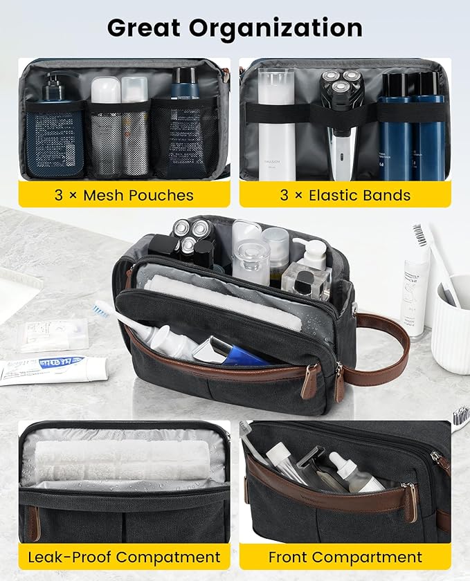 Vorspack Canvas Toiletry Bag for Men - Water Resistant Travel Bag for Toiletries, Bathroom Essentials, Accessories - Grey