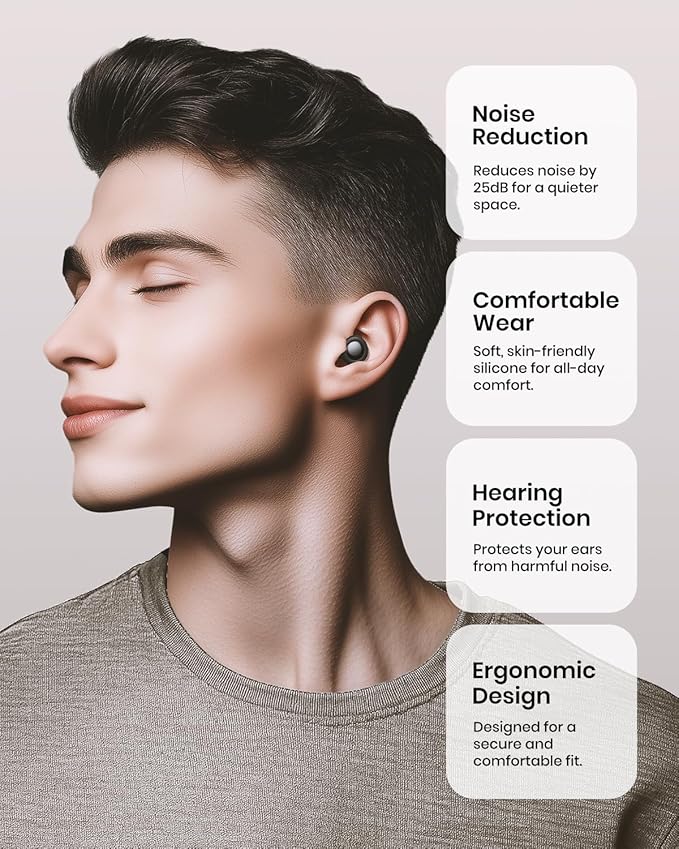 Ear Plugs for Sleeping Noise Cancelling, Reusable Silicone Ear Plugs for Noise Reduction with 8 Ear Tips, Earplugs for Sleep, Concerts, Travel, Snoring (Black, One Size)