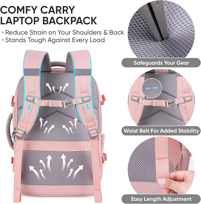 BALEINE Travel Backpack for Women Men, Large Sturdy Carry On Laptop Backpack Gifts for Business, Casual, Weekender, Hiking (XL, Pink)